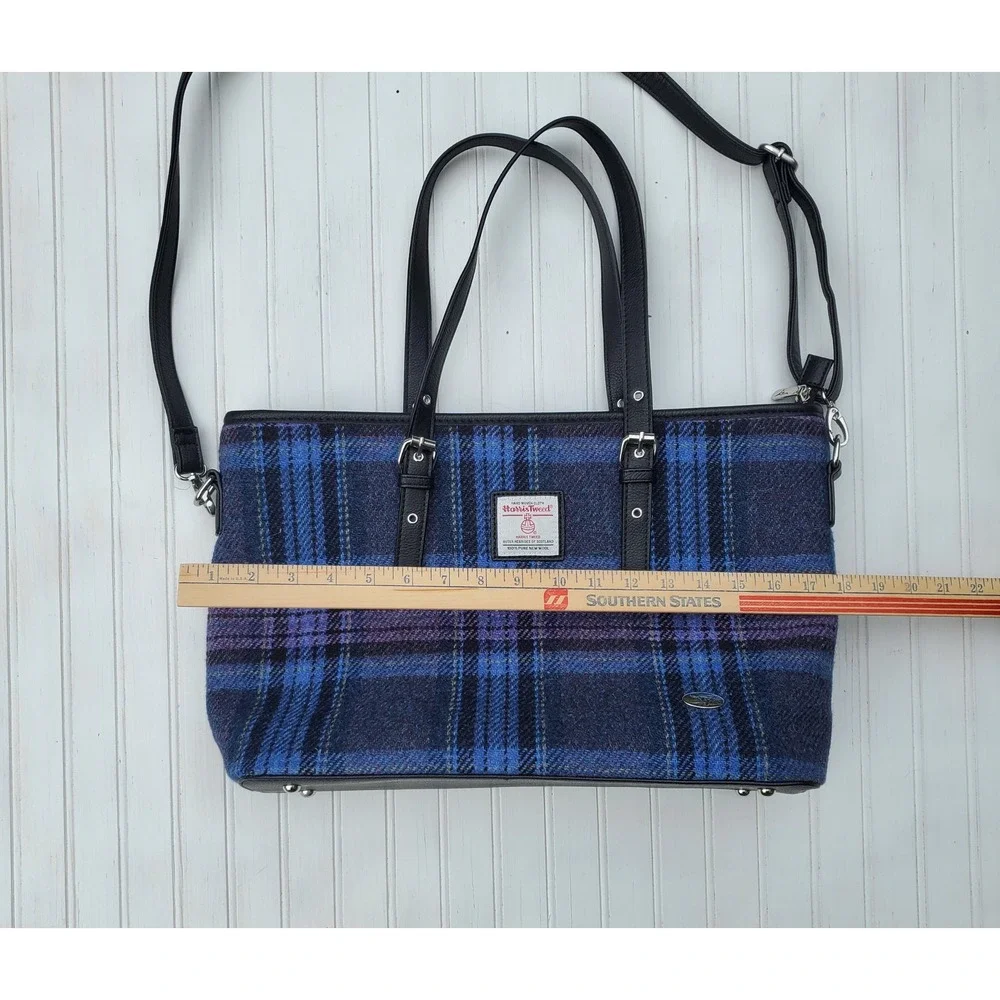 Glen Appin Harris Tweed Blue Plaid Wool Tote Bag Crossbody Handbag Scottish